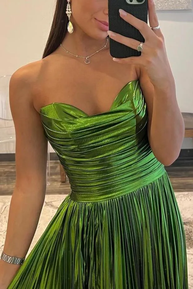 Oakley | Green Metallic Strapless Pleated A-Line Long Prom Dresses