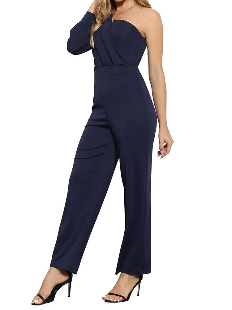 One Shoulder Ruched Solid Jumpsuits