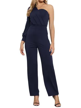 One Shoulder Ruched Solid Jumpsuits