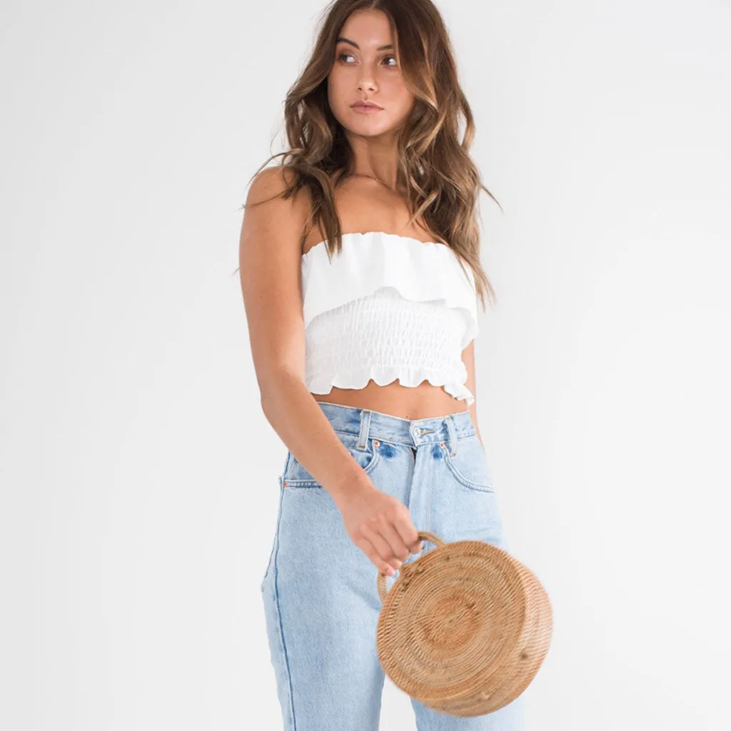 Pretty Ruffle Square Neck Tie Strap Crop Smocked Top - White