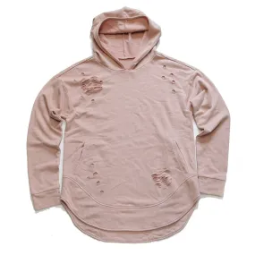 Rose Quartz Curved Hem Men Distressed Scoop Hoodie