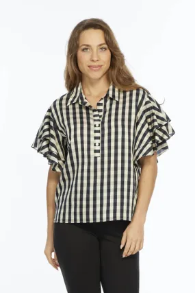 Ruffle Short Sleeve  Top Plaid Black Print | Harmony LIOR