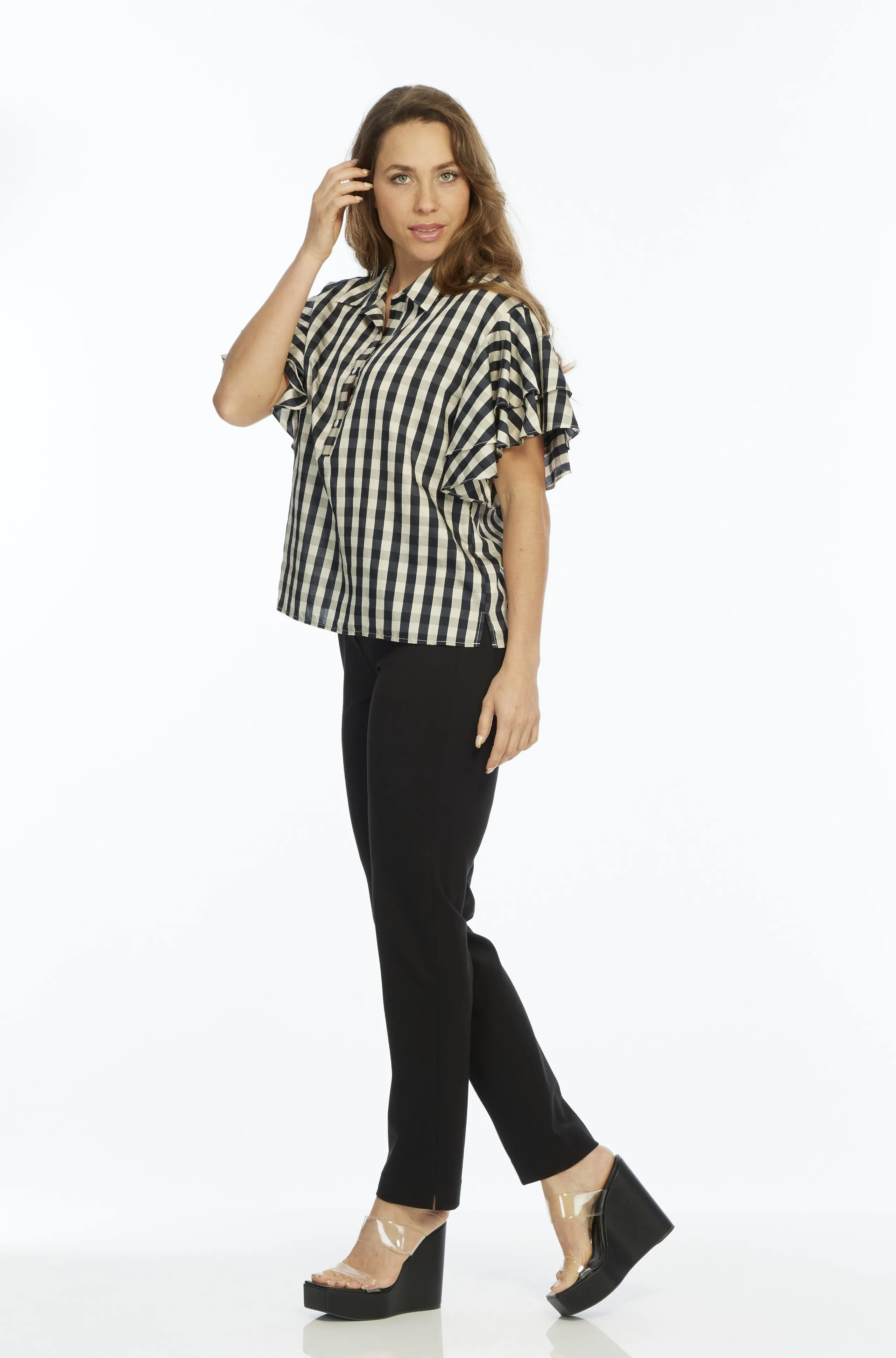 Ruffle Short Sleeve  Top Plaid Black Print | Harmony LIOR