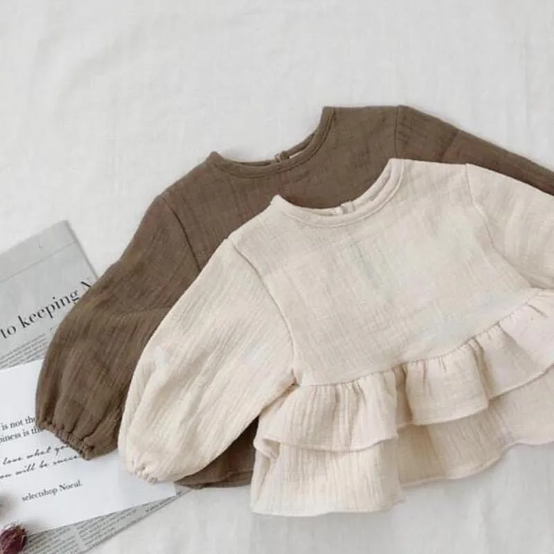 Ruffled Linen Blouse for Girls - Brown & White