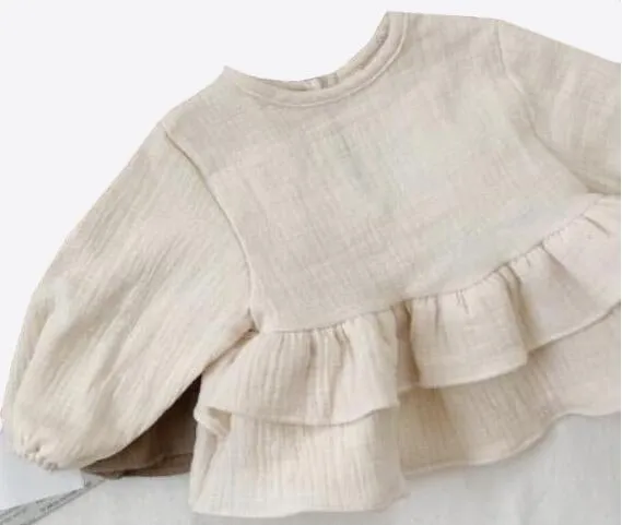 Ruffled Linen Blouse for Girls - Brown & White