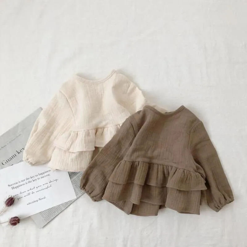 Ruffled Linen Blouse for Girls - Brown & White