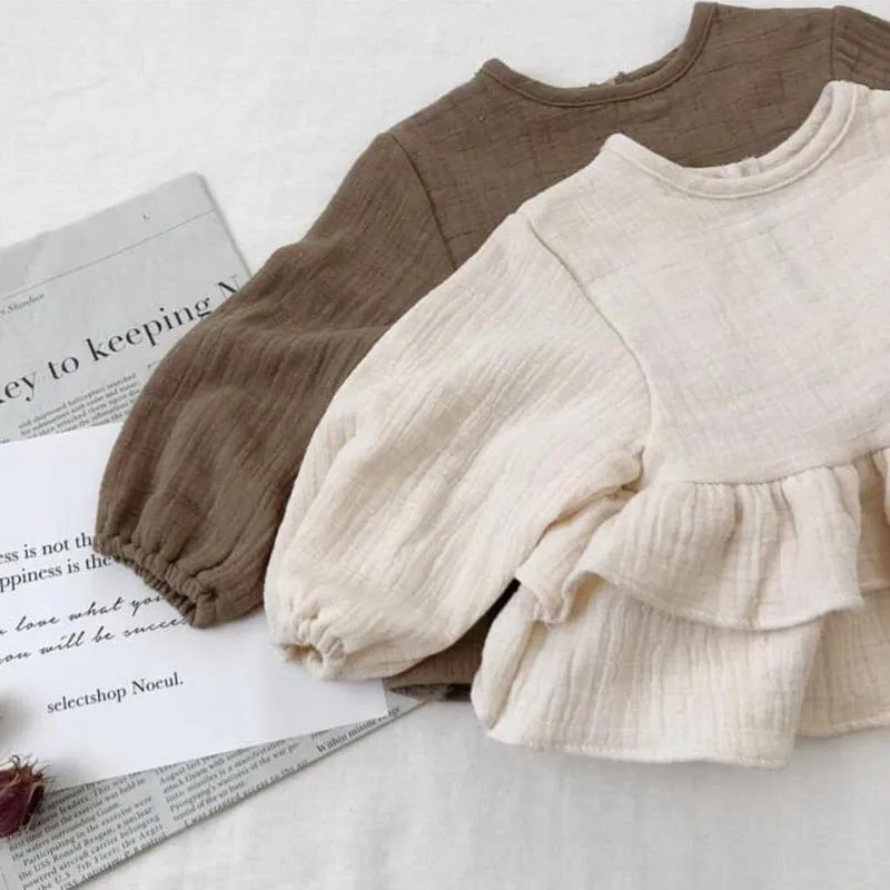 Ruffled Linen Blouse for Girls - Brown & White