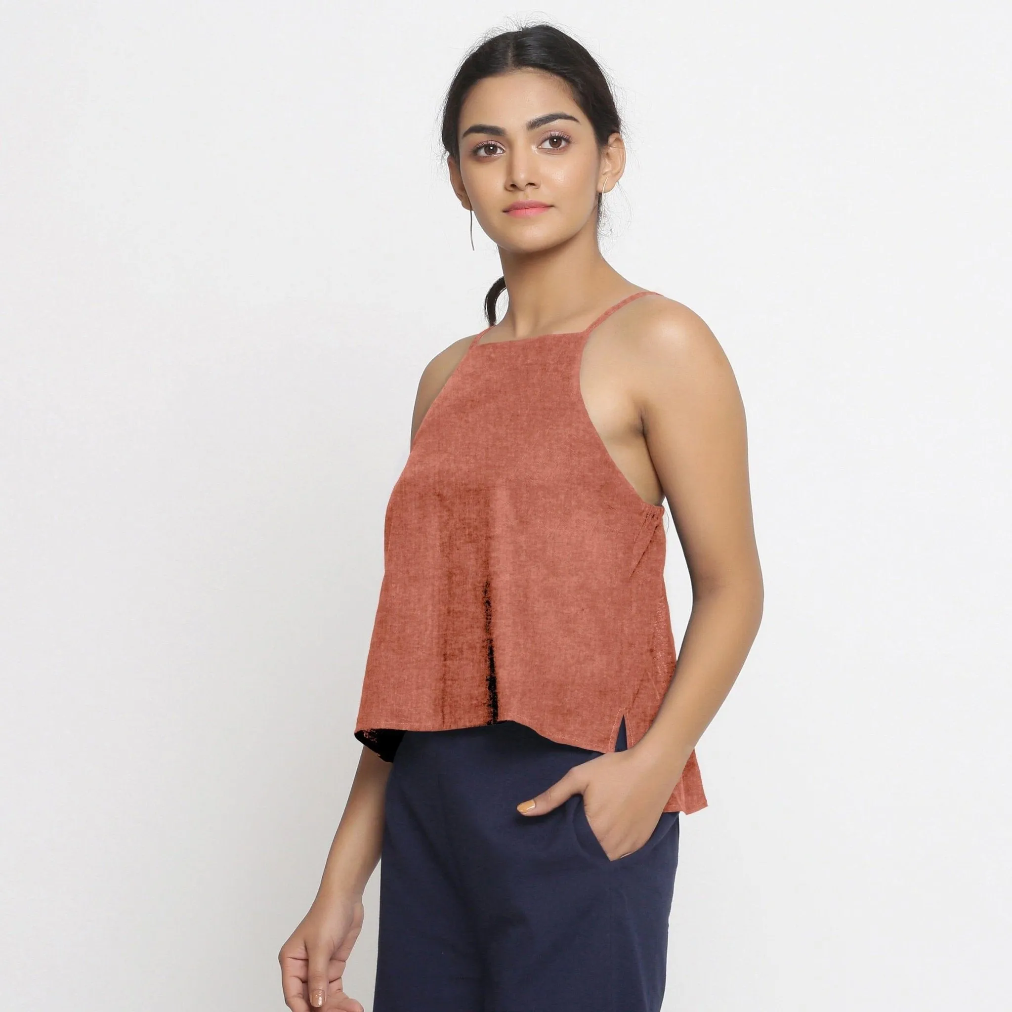 Rust Cotton Linen Relaxed Fit Spaghetti Top