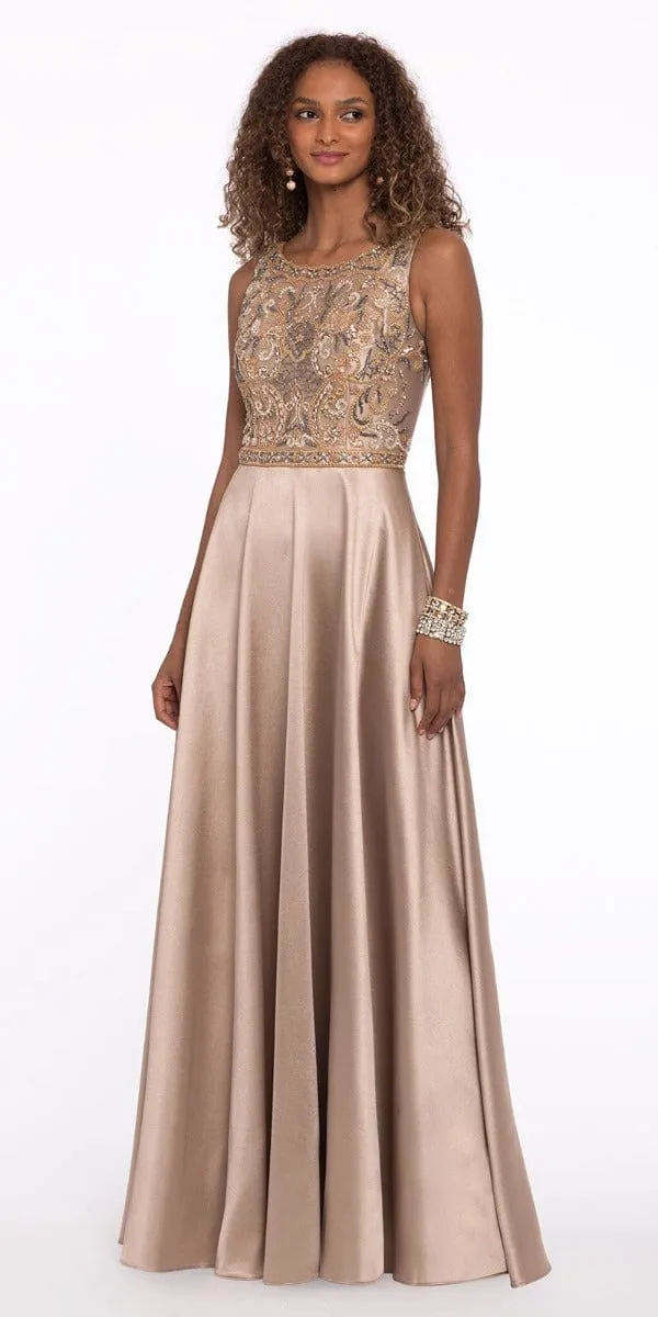 Satin Beaded Portrait Neck A Line Dress