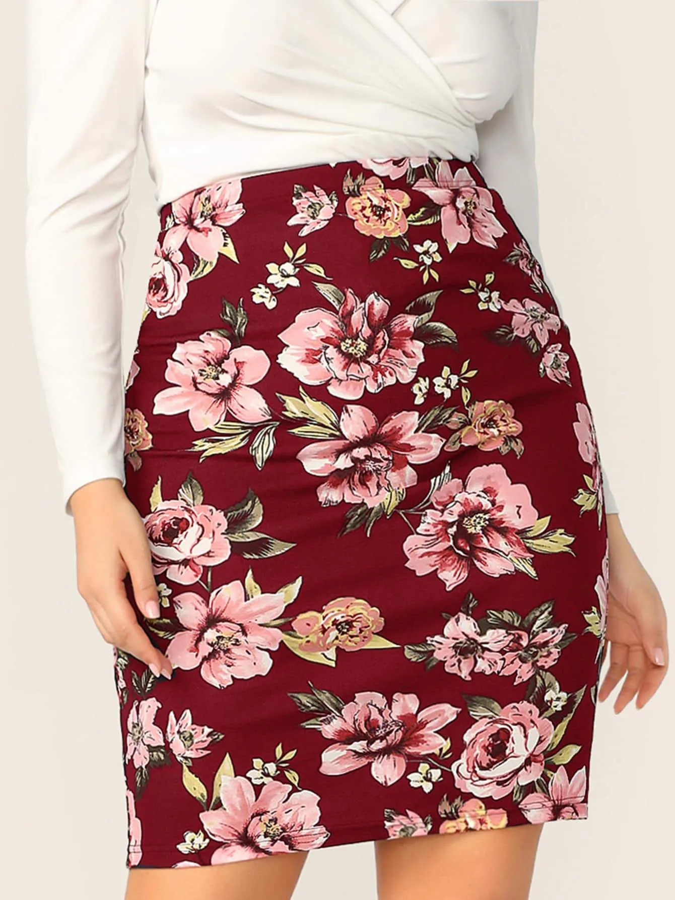 SHEIN Plus Floral Print Bodycon Skirt