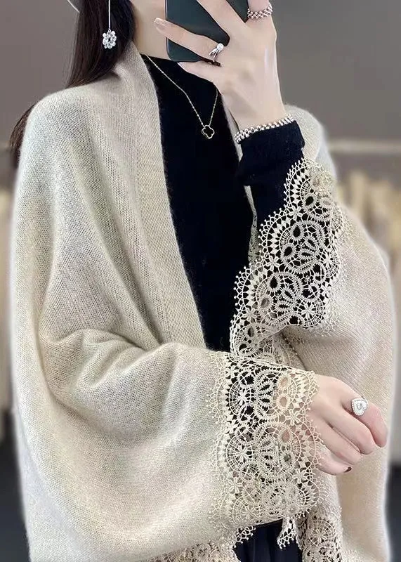 Stylish Beige Hollow Out Lace Patchwork Woolen Cardigans Fall RL011