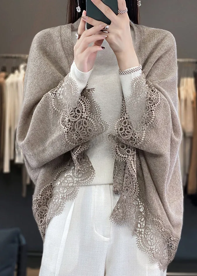 Stylish Beige Hollow Out Lace Patchwork Woolen Cardigans Fall RL011