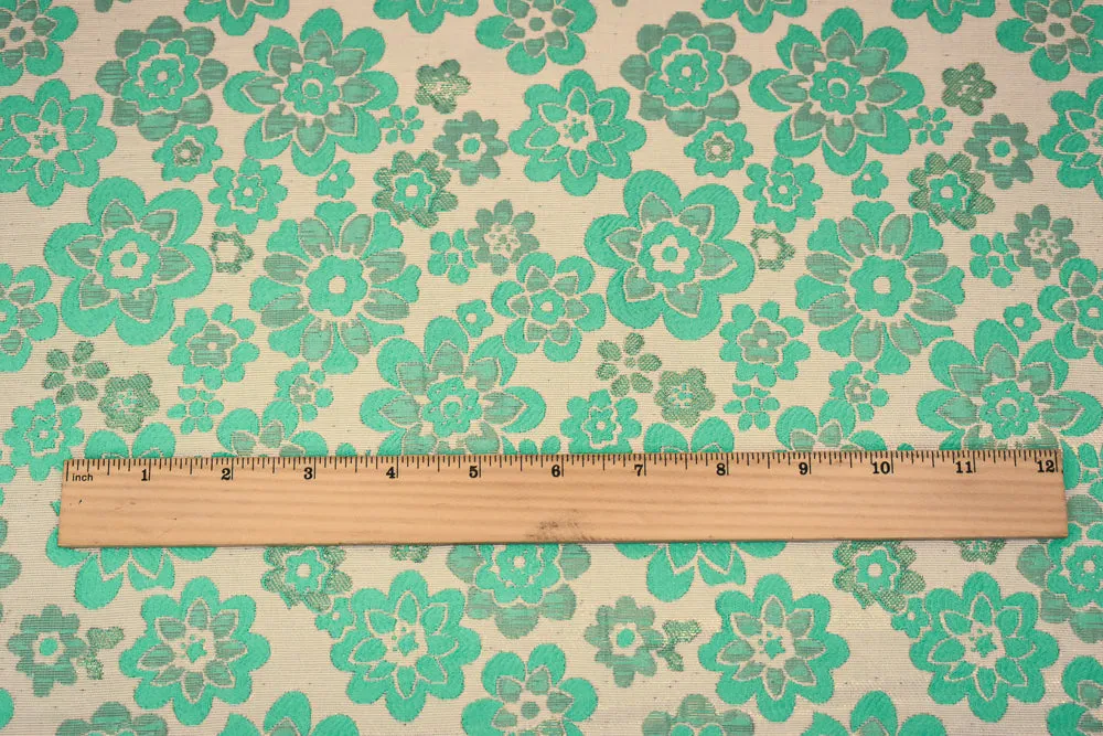 Teal-Taupe-Gold Poly Blend Floral Jacquard Brocade Woven Fabric