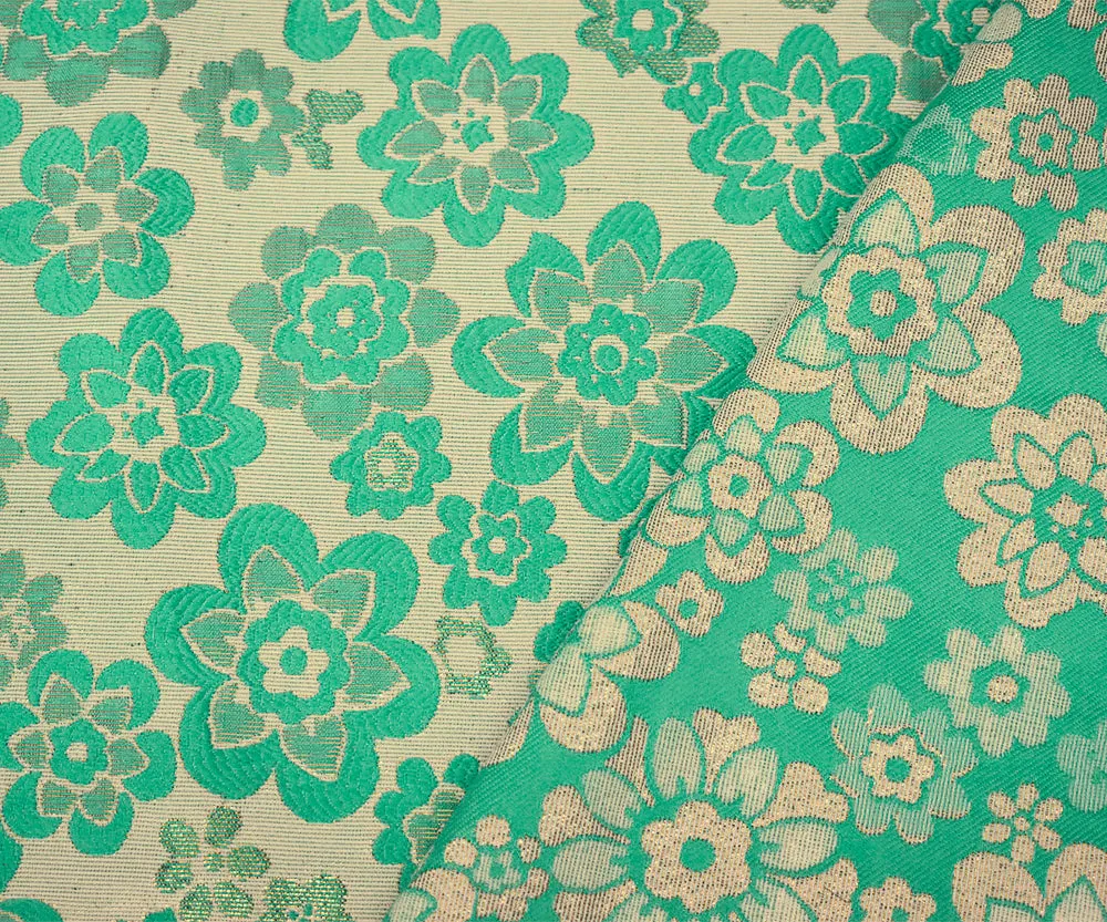 Teal-Taupe-Gold Poly Blend Floral Jacquard Brocade Woven Fabric