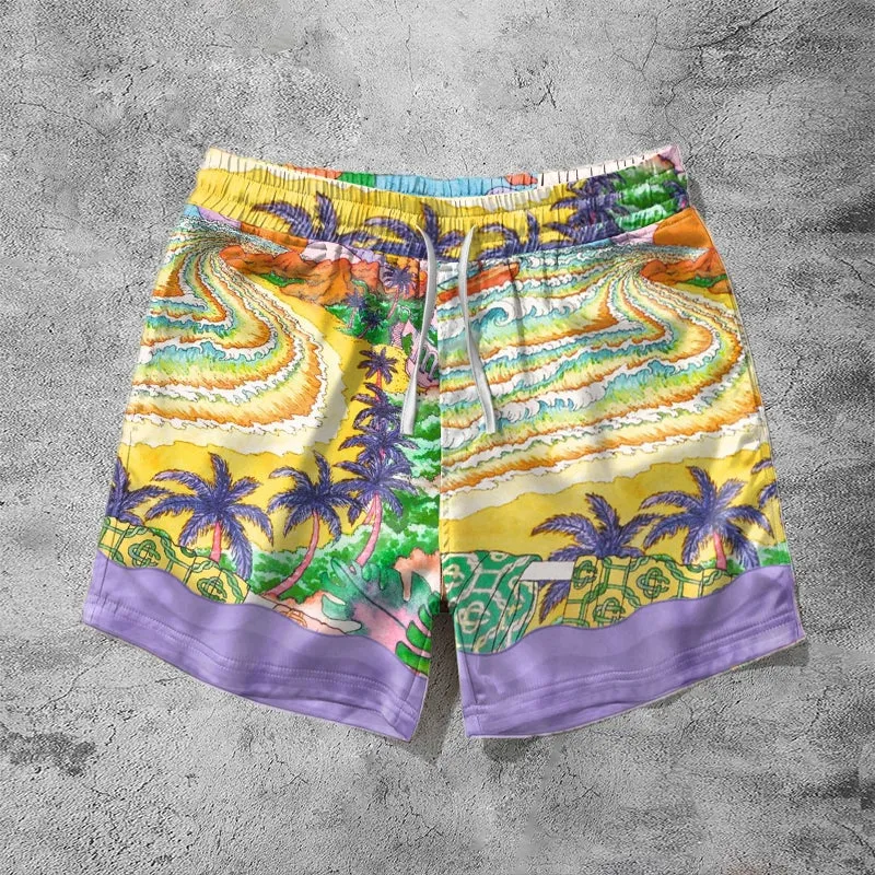 Vintage art purple casual silk shorts