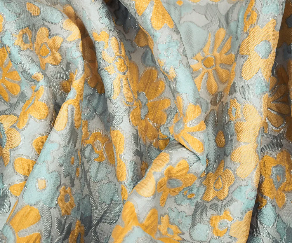 Yellow-Silver-Multi Polyester Metallic Floral Matellasse Brocade Jacquard Fabric